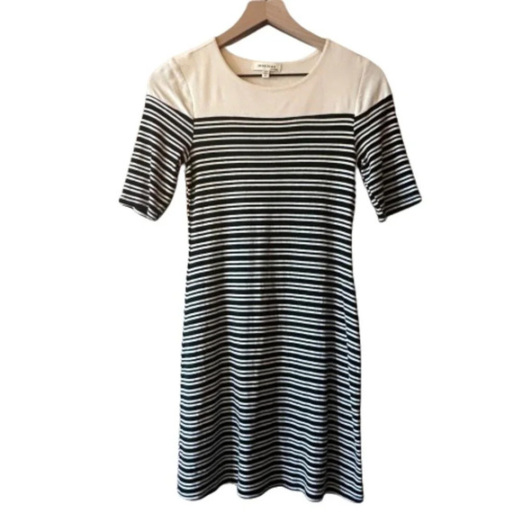 Women's M Monteau Cream Black Striped Sheath Dress Jersey Stretch - Picture 1 of 6